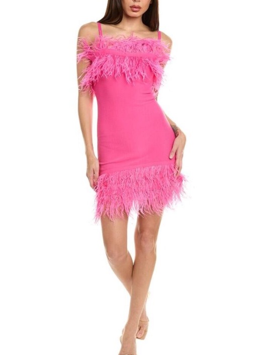 Staud Etta Pink Feather Plummage Trim Dress Feminine Girly Bold Large